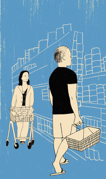 Illustration of man and woman shopping in supermarket