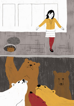 Girl stepping on ground unaware of bears underneath