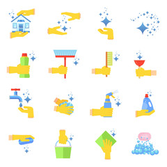 Clean flat vector icons set. Collection of cleaning tools in hand. Housework supplies packaging, colorful domestic clean hygiene kitchenware concept illustration. Objects isolated on white background.