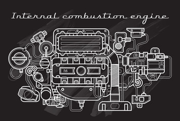Naklejka premium Internal combustion engine. Chalkboard. Vector. Isolated