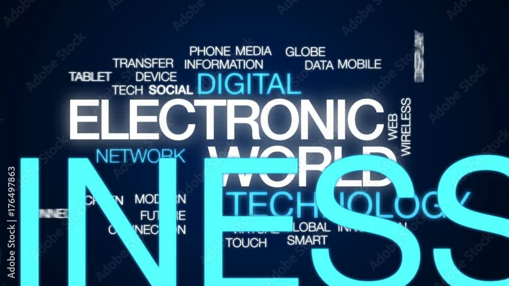 Poster electronic world animated word cloud, text design animation.