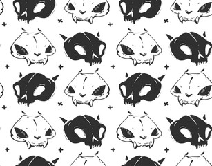 Hand drawn vector abstract artistic freehand textured ink seamless pattern with cat skulls isolated on black background