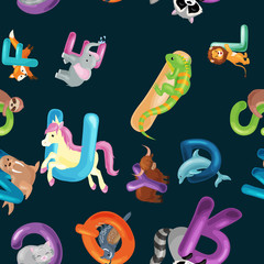 Animals alphabet background, Set of cartoon English type letters with cute zoo wildlife in seamless patterns vector illustration. Textures for blocks or children fabric