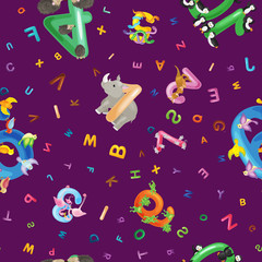 Animals alphabet background, Set of cartoon English type letters with cute zoo wildlife in seamless patterns vector illustration. Textures for blocks or children fabric