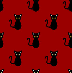 Black Cat Seamless on Red Background