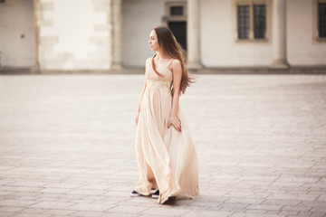 Fototapeta na wymiar Beautiful girl, model with long hair posing in old castle near columns. Krakow Vavel