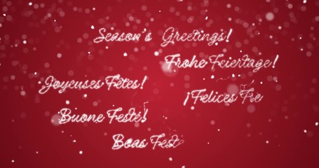 Looping Season's greetings message in english,german,french,spanish,italian,portuguese multi language with copy or logo space on red background.Animated holiday card background seamless loop 4k video