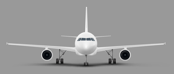 White passenger airplane or personal business jet standing on the ground front view realistic vector illustration. Civil aviation landed aircraft blank template for tourism and travel concept design