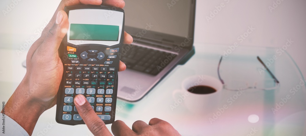 Poster composite image of hands of businessman using calculator