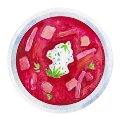 Watercolor vintage drawing of a bowl of soup with beets.  A dish of Borsch is a top view.
