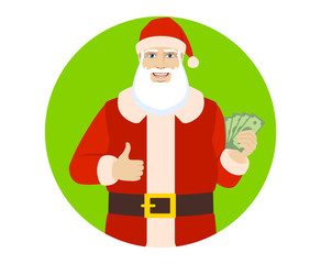 Santa Claus with cash money showing thumb up
