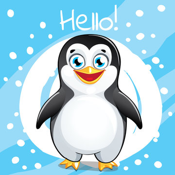 Vector illustration of cartoon penguin. Hello.
