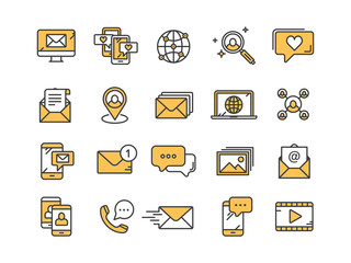 Communication. Social media. Online chatting. Phone call, app messenger. Mobile,smartphone. Computing.Email. Thin line yellow web icon set. Outline icons collection. Vector illustration.