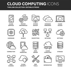 Cloud omputing. Internet technology. Online services. Data, information security. Connection. Thin line web icon set. Outline icons collection.Vector illustration.