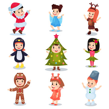 Cute little kids wearing Christmas costumes set, happy children in costumes of Elf, snowman, Santa Claus, Christmas tree, snowflake, gingerbread, squirrel, penguin cartoon vector illustrations