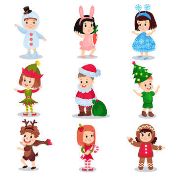 Cute little kids wearing Christmas costumes set, happy children in costumes of Elf, snowman, reindeer, Santa Claus, Christmas tree, snowflake, gingerbread, bunny cartoon vector illustrations