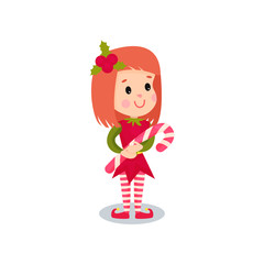 Sweet little girl in the costume of Elf, kid in festive fancy dress cartoon vector illustration