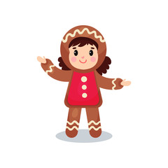 Cute little girl in the costume of Gingerbread, kid in festive fancy dress cartoon vector illustration