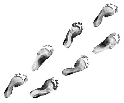 Ink footprints kid set isolated on white background. Many fingerprint or stamp texture artwork of kids for education and journey. Top view. Black and white colors. Close up.