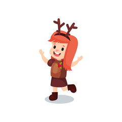 Sweet redhead little girl in the costume of reindeer, kid in festive fancy dress cartoon vector illustration