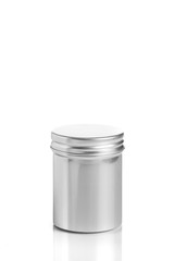 empty aluminum jars cosmetic, lotion packaging on a white background