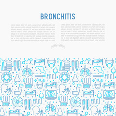Bronchitis concept with thin line icons of symptoms and treatments: headache, alveolus, inhaler, nebulizer, stethoscope, thermometer, x-ray, bed rest. Vector illustration.