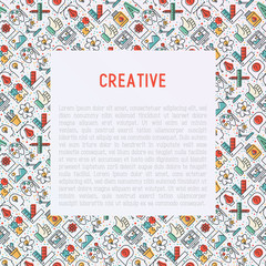 Creative concept with thin line icons of idea, puzzle, color palette, brushes, creative vision, development design. Vector illustration of banner, web page, print media.