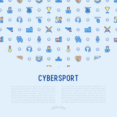Cybersport concept in circle with thin line icons: gamer, computer games, pc, headset, mouse, game controller. Modern vector illustration for banner, web page, print media.
