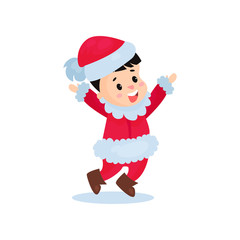 Happy little boy in the costume of Santa Claus, kid in festive fancy dress cartoon vector illustration