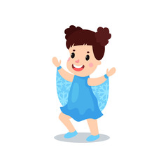 Beautiful brinette little girl in the costume of snowflake, kid in festive fancy dress cartoon vector illustration