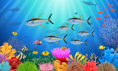 Colorful coral reef with tuna fish and stone arch on a blue sea background. Vector Illustration.