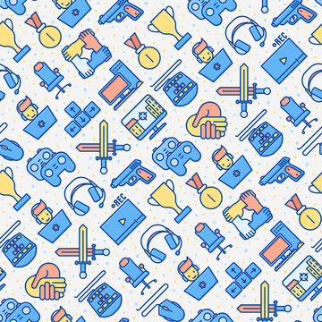 Video game seamless pattern with thin line icons: gamer, computer games, pc, headset, mouse, game controller. Modern vector illustration for banner, web page, print media.
