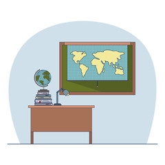 classroom with desk with books and chalkboard with world map