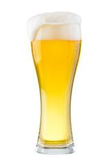 Wet glass of fresh cold light beer with foam isolated on white background