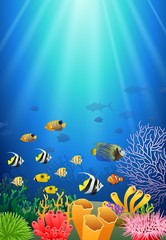 Colorful coral reef with fish and stone arch on a blue sea background. Vector Illustration.