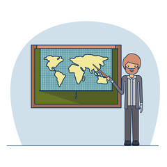 man teacher in formal suit on classroom with beard and chalkboard with world map