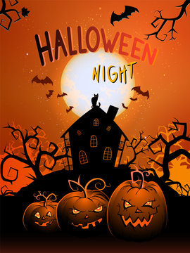Vector Halloween illustration with  pumpkins head, house, bats and text.