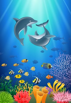 Dolphin cartoon with underwater view and coral background. Vector Illustration.