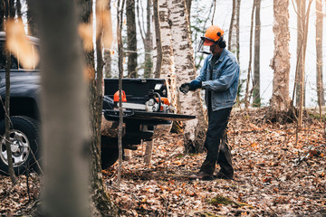 Male logger putting on protective gloves in autumn forest
