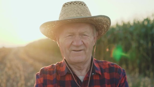 Portrait of the thoughtful senior farmer looks at camera 4K