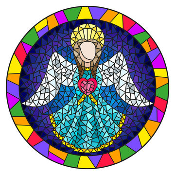 Illustration in stained glass style with an abstract angel in blue robe with a heart , round picture frame in bright