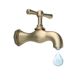 Brass water tap with big drop of water