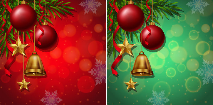 Two backgrounds with christmas ornaments in green and red