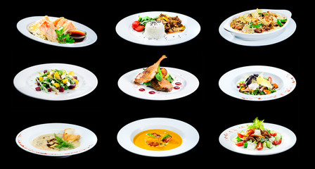 Set of delicious classic dishes. Autumn menu in an Italian restaurant on black background