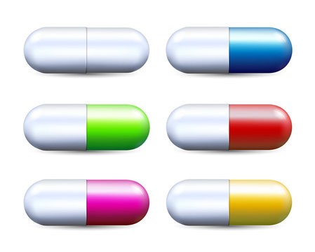 Colorful realistic capsules pill set vector illustration isolated on white background