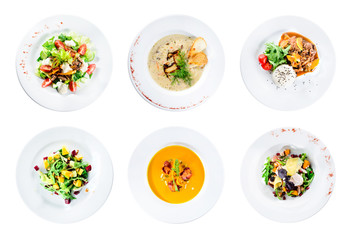 Set of delicious classic dishes, top view, flat. Autumn menu in an Italian restaurant isolated on white background