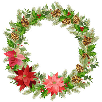 Christmas wreath of red poinsettia and leaves. Place for your text. Watercolor vector illustration.
