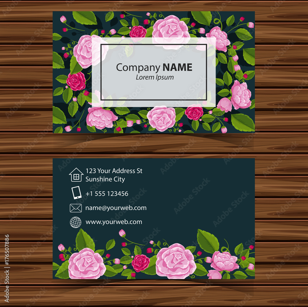 Wall mural businesscard template with pink roses on green background