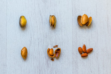 Stages of break an almond, nut seed on gray wooden background