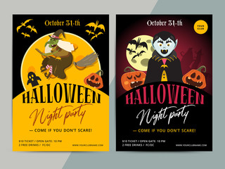 Happy Halloween party poster template design. All hallow eve flyer in scary cartoon style. All saint holiday club event layout. Vector illustration